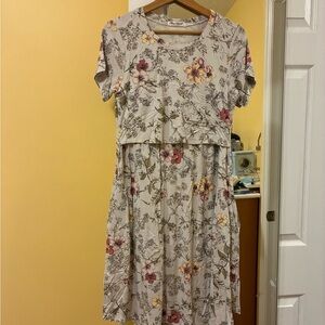 *WITH 2 POCKETS* Floral Nursing Dress - Cream with Pink and Yellow Flowers